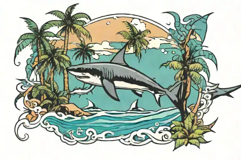 beach with palm trees and shark swimming tattoo design idea