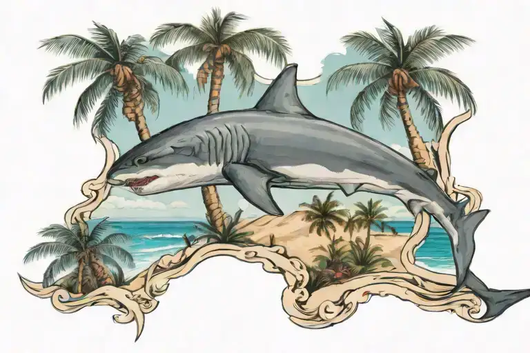 beach scene with palm trees and a shark jumping tattoo design idea