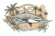 beach with palm trees and shark swimming tattoo design idea
