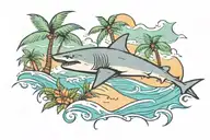 beach with palm trees and shark swimming tattoo design idea