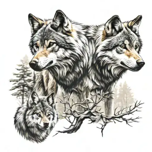 2 adult wolves. two small 3d tattoo in the forest tattoo design idea