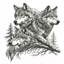 2 adult wolves. two small 3d tattoo in the forest tattoo design idea
