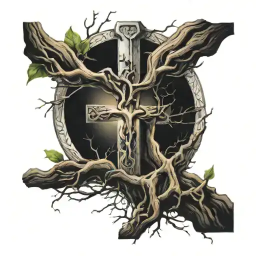 cross of life with damaged roots tattoo design idea