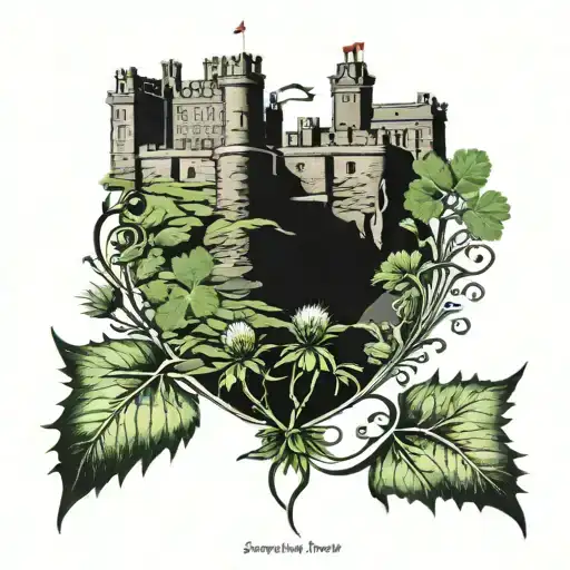 Edinburgh castle with thistle and shamrock intertwined tattoo design idea