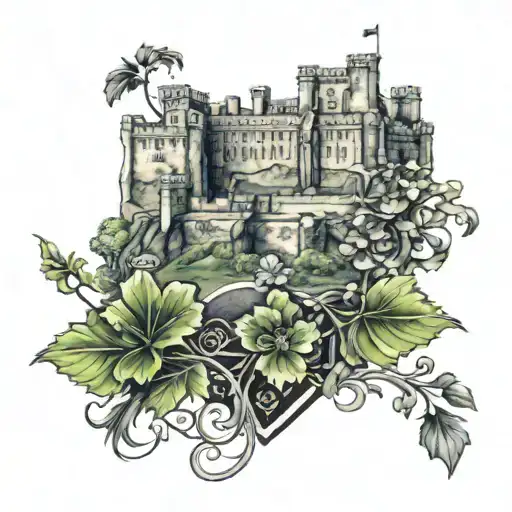 Edinburgh castle with shamrock and thistle intertwined tattoo design idea