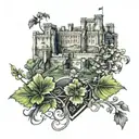 Edinburgh castle with shamrock and thistle intertwined tattoo design idea
