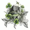 Edinburgh castle with shamrock and thistle intertwined tattoo design idea