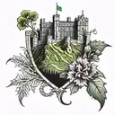 Edinburgh castle with shamrock and thistle intertwined tattoo design idea