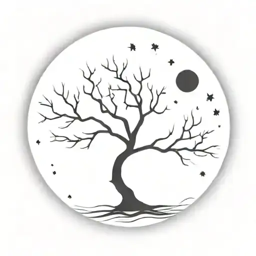 A delicate silhouette of a tree with branches reaching towards a full moon in a starry night sky tattoo design idea
