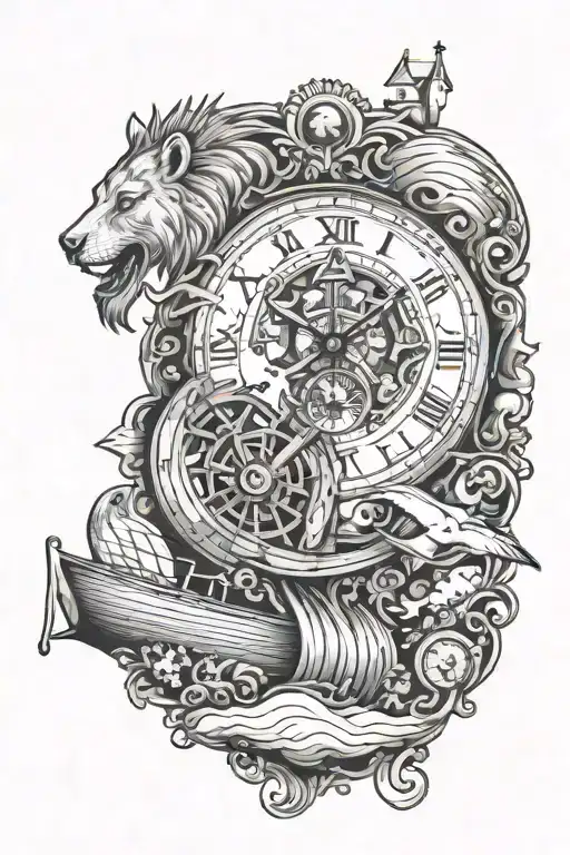 Noahs Ark and clock face tattoo design idea