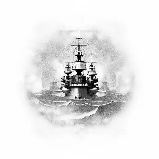 old steam battleship in the sea  tattoo design idea