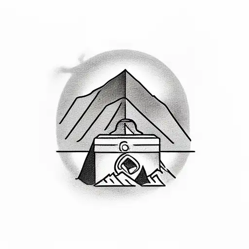 a man with a briefcase walking down a street with stores down the street with a mountain in the back nd three nuses hang tattoo design idea