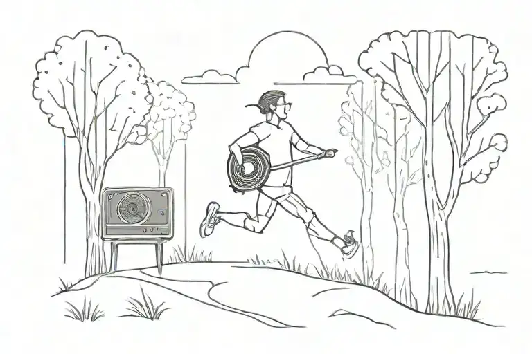 A minimalist tattoo design of a person running through a forest with a record player on their back tattoo design idea