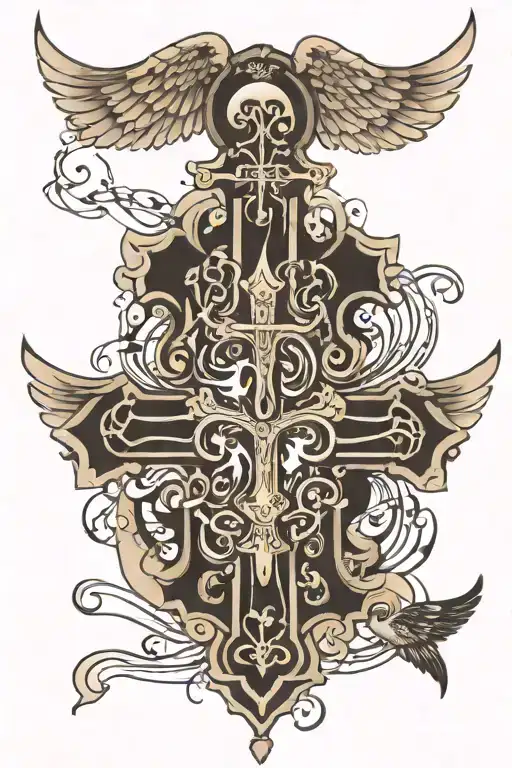 cross with musical notes and wings tattoo design idea