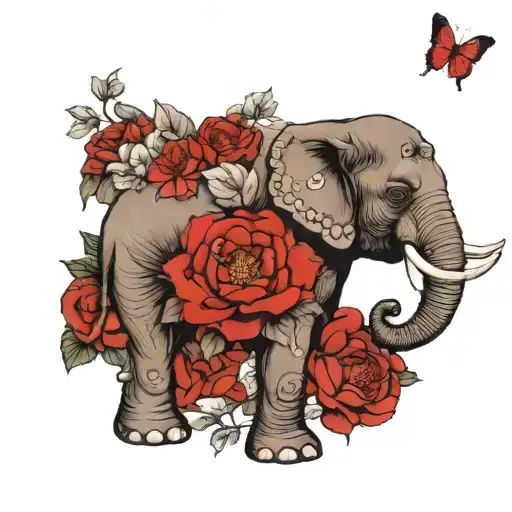African elephant with gardenia flower growing , black and red butterflies , surrounded by peonies tattoo design idea