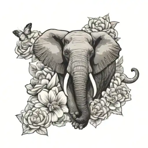 african elephant front view with a crrown of gardenia flowers ,surrounded by peonies , butterflies  tattoo design idea