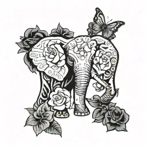 african elephant front view with a crrown of gardenia flowers ,surrounded by peonies , butterflies  tattoo design idea