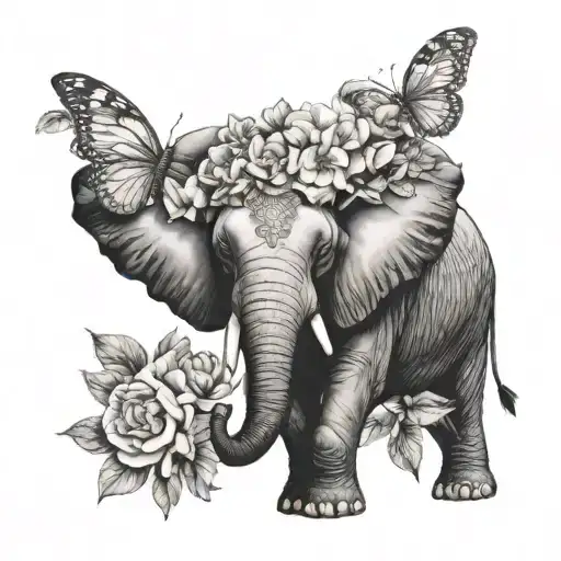 african elephant front view head with a crown of gardenia flowers ,surrounded by peonies , butterflies  tattoo design idea