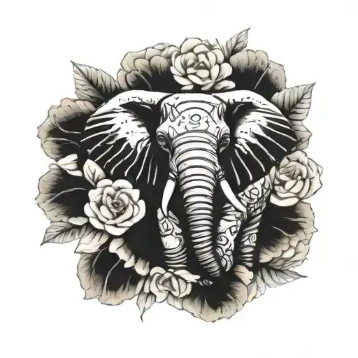 african elephant front view with a crrown of gardenia flowers ,surrounded by peonies , butterflies  tattoo design idea