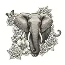 african elephant front view with a crrown of gardenia flowers ,surrounded by peonies , butterflies  tattoo design idea