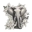 african elephant front view with a crrown of gardenia flowers ,surrounded by peonies , butterflies  tattoo design idea