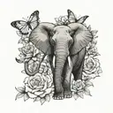 african elephant front view with a crrown of gardenia flowers ,surrounded by peonies , butterflies  tattoo design idea
