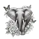 african elephant front view with a crrown of gardenia flowers ,surrounded by peonies , butterflies  tattoo design idea