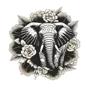 african elephant front view with a crrown of gardenia flowers ,surrounded by peonies , butterflies  tattoo design idea