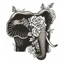 african elephant front view with a crrown of gardenia flowers ,surrounded by peonies , butterflies  tattoo design idea