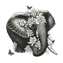 african elephant front view with a crrown of gardenia flowers ,surrounded by peonies , butterflies  tattoo design idea