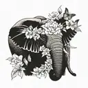 african elephant front view with a crrown of gardenia flowers ,surrounded by peonies , butterflies  tattoo design idea