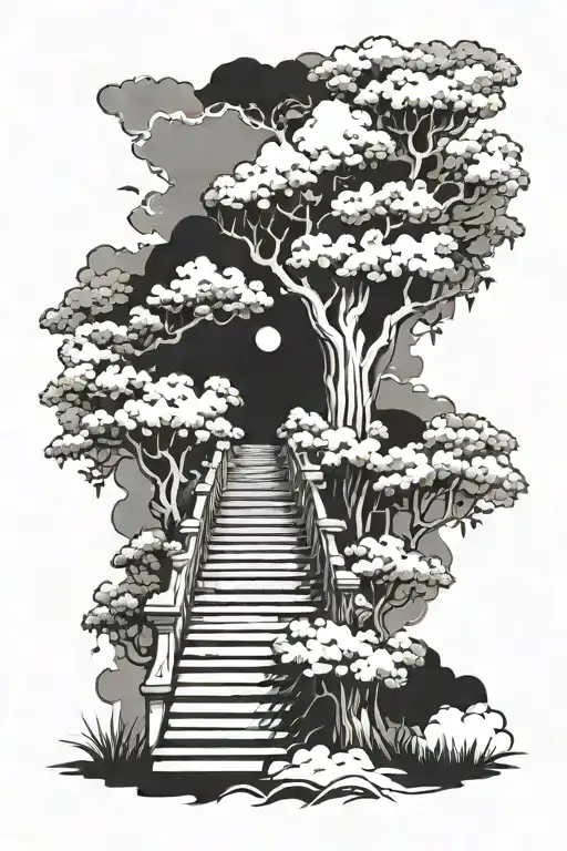 blood in the leaves of my family tree next to stairs going to heaven surrounded by clouds tattoo design idea