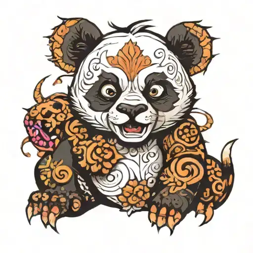 angry panda with cat tattoo design idea