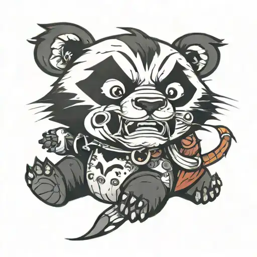 angry panda with cat tattoo design idea
