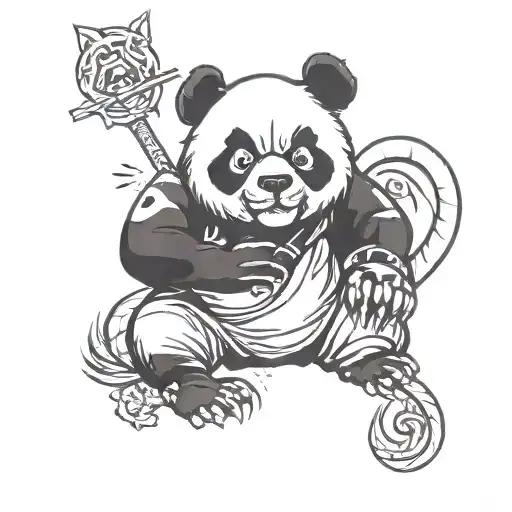 angry panda with cat tattoo design idea