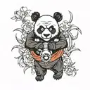 angry panda with cat tattoo design idea