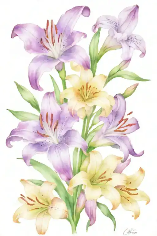 Purple lily, pink freesia ana blue flower delicate bouquet tattoo design idea