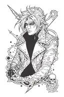 Black work style, of jareth from the labyrinth, dot shaded, ink splatters, black and white, white background tattoo design idea