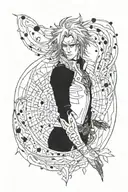 Black work style, of jareth from the labyrinth, dot shaded, ink splatters, black and white, white background tattoo design idea