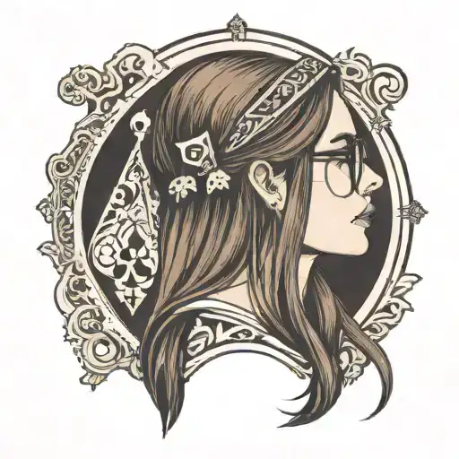 girl in profile, glasses, long straight brown hair, looking up, big nose, ace of spades card, text: QOS tattoo design idea