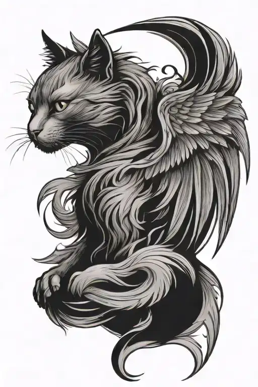 cat with wings resembling a phoenix with ying yang symbol  tattoo design idea