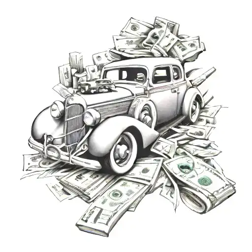 A Chicano style tattoo of a classic car with stacks of money flying out of the windows, showcasing the love for cars and wealth tattoo design idea