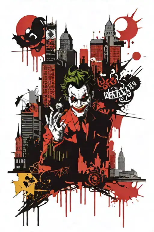 A skyline of a city with joker faces hidden in the buildings, representing the urban chaos and humor in the city life tattoo design idea