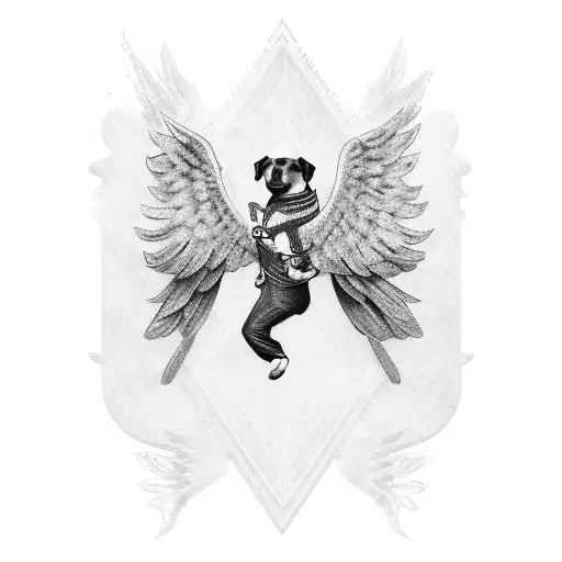 A dog with wings made of money flying over a cricket stadium tattoo design idea