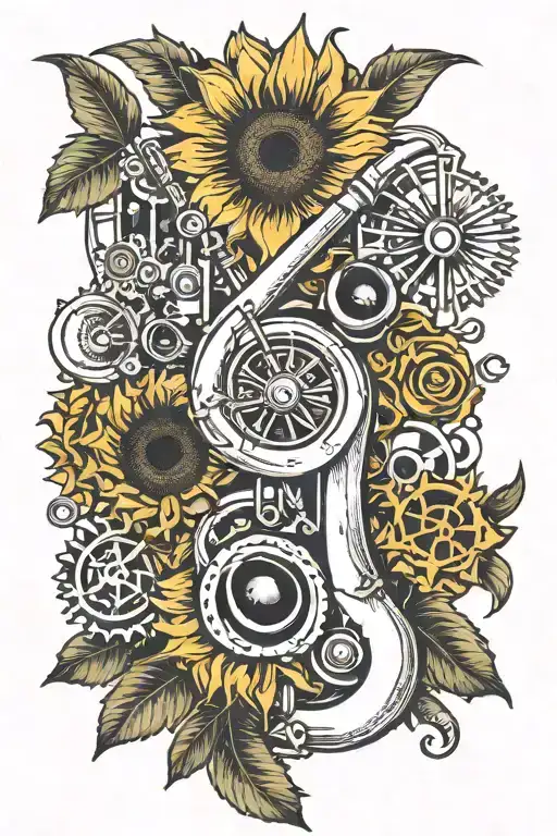 Trombone and Sunflower and Cogs tattoo design idea