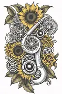 Trombone and Sunflower and Cogs tattoo design idea