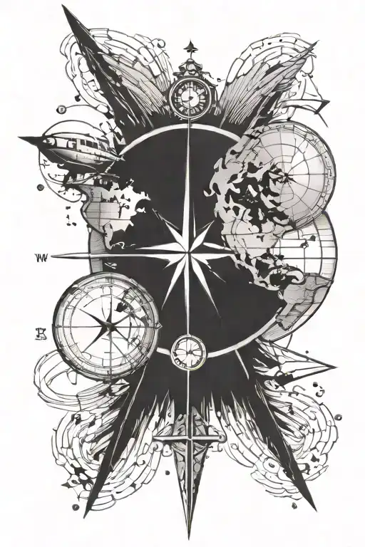 tattoo about travel, with a compass, the mount, the ocean, the earth, a plane along the spine tattoo design idea