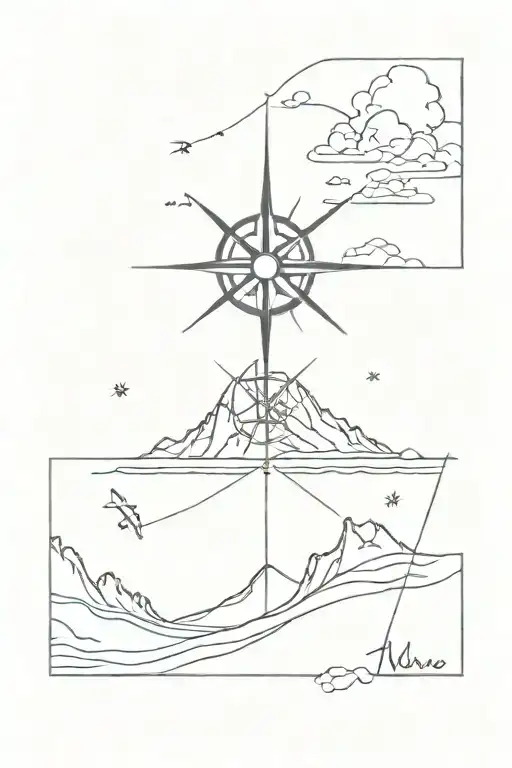 tattoo about travel, with a compass, the mount, the ocean, the earth, a plane along the spine tattoo design idea