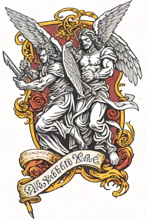 angel and demon holding scroll letter with quilpen above holy war  tattoo design idea