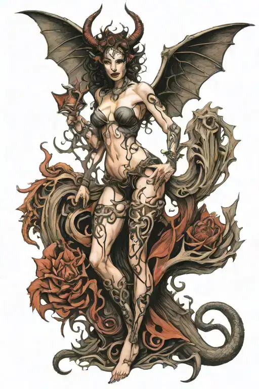 Full body standing succubus girl tattoo design idea